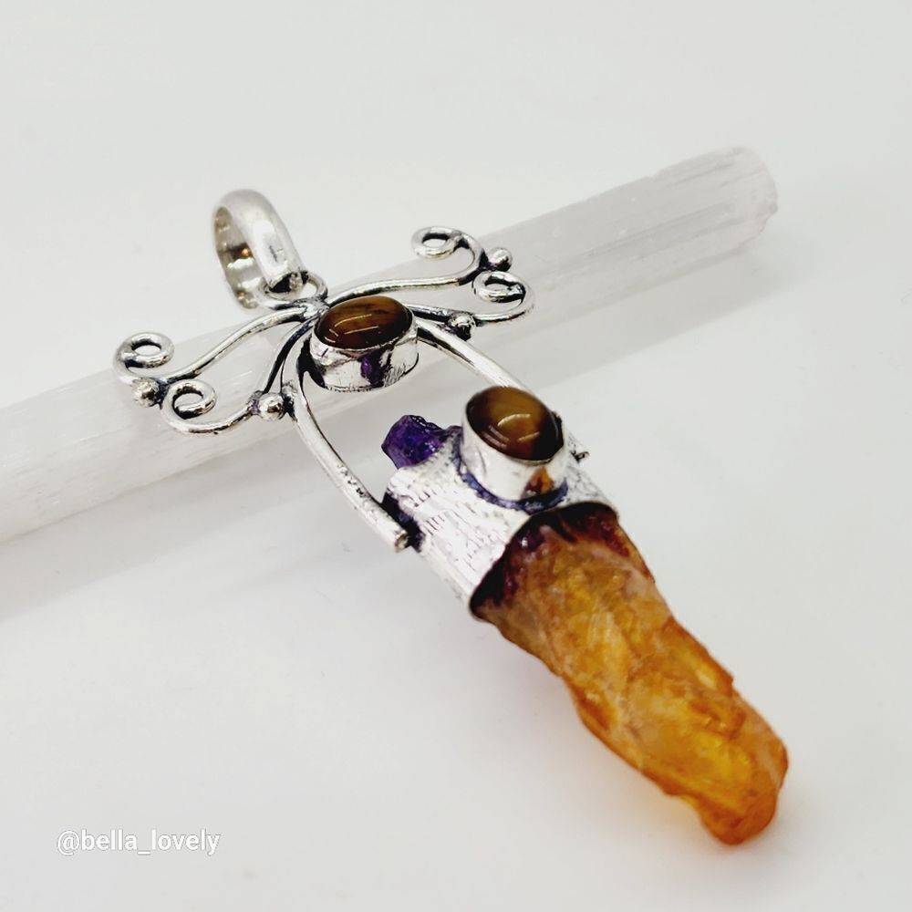 Unique! Bi-Color Tourmaline Tiger Eye Ethnic Handmade Pendant Jewelry 3" - Picture 6 of 6